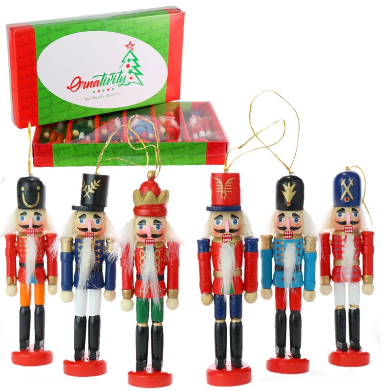 Ornativity Nutcracker Ornament 6 pc - Hanging Christmas Mini Wooden Figures King and Soldier Nutcrackers with Gift Box - Image 1